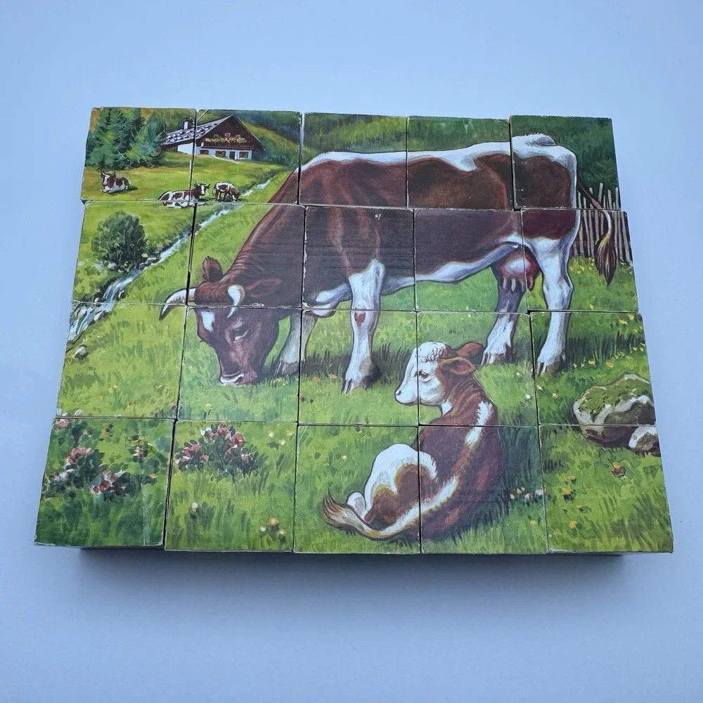 Vtg 20 Cube Puzzle Block Set 4 Sided West Germany ~ Cat Horse Cow Children Dogs